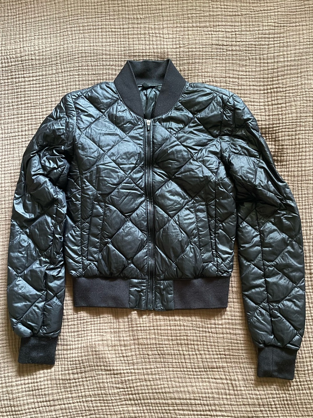 Black Goose Down Quilted Bomber Jacket